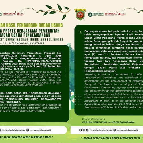 PENGUMUMAN HASIL PENGADAAN BADAN USAHA PELAKSANA PROYEK KERJASAMA PEMERINTAH DAN BADAN USAHA PENGEMBANGAN RUMAH SAKIT UMUM DAERAH INCHE ABDOEL MOEIS