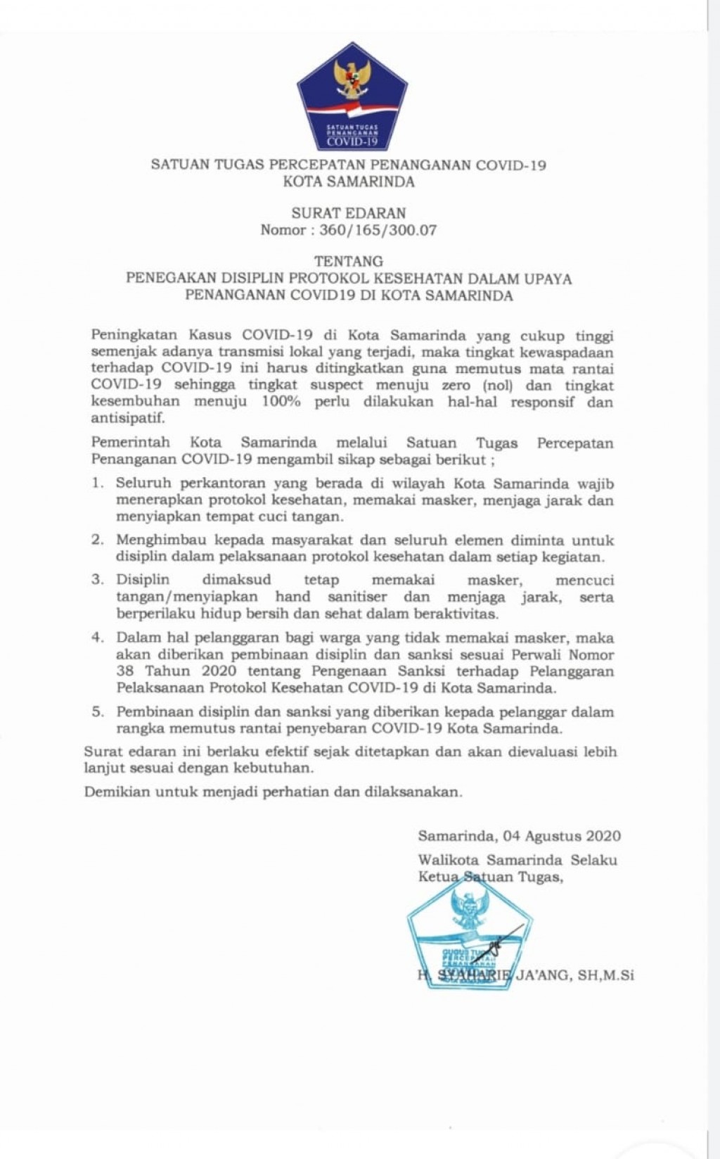 Surat Edaran Tentang Penegakan Disiplin Protokol Kesehatan Dalam Upaya Penanganan Covid 19 Di Kota Samarinda Ppid Kota Samarinda